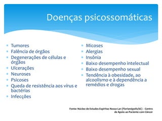  Tumores
 Falência de órgãos
 Degenerações de células e
órgãos
 Ulcerações
 Neuroses
 Psicoses
 Queda de resistência aos vírus e
bactérias
 Infecções
 Micoses
 Alergias
 Insônia
 Baixo desempenho intelectual
 Baixo desempenho sexual
 Tendência à obesidade, ao
alcoolismo e à dependência a
remédios e drogas
Doenças psicossomáticas
Fonte: Núcleo de Estudos Espíritas Nosso Lar (Florianópolis/SC) - Centro
de Apoio ao Paciente com Câncer
 
