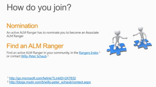 Rangers Index
Willy-Peter Schaub
http://go.microsoft.com/fwlink/?LinkID=247832
http://blogs.msdn.com/b/willy-peter_schaub/contact.aspx