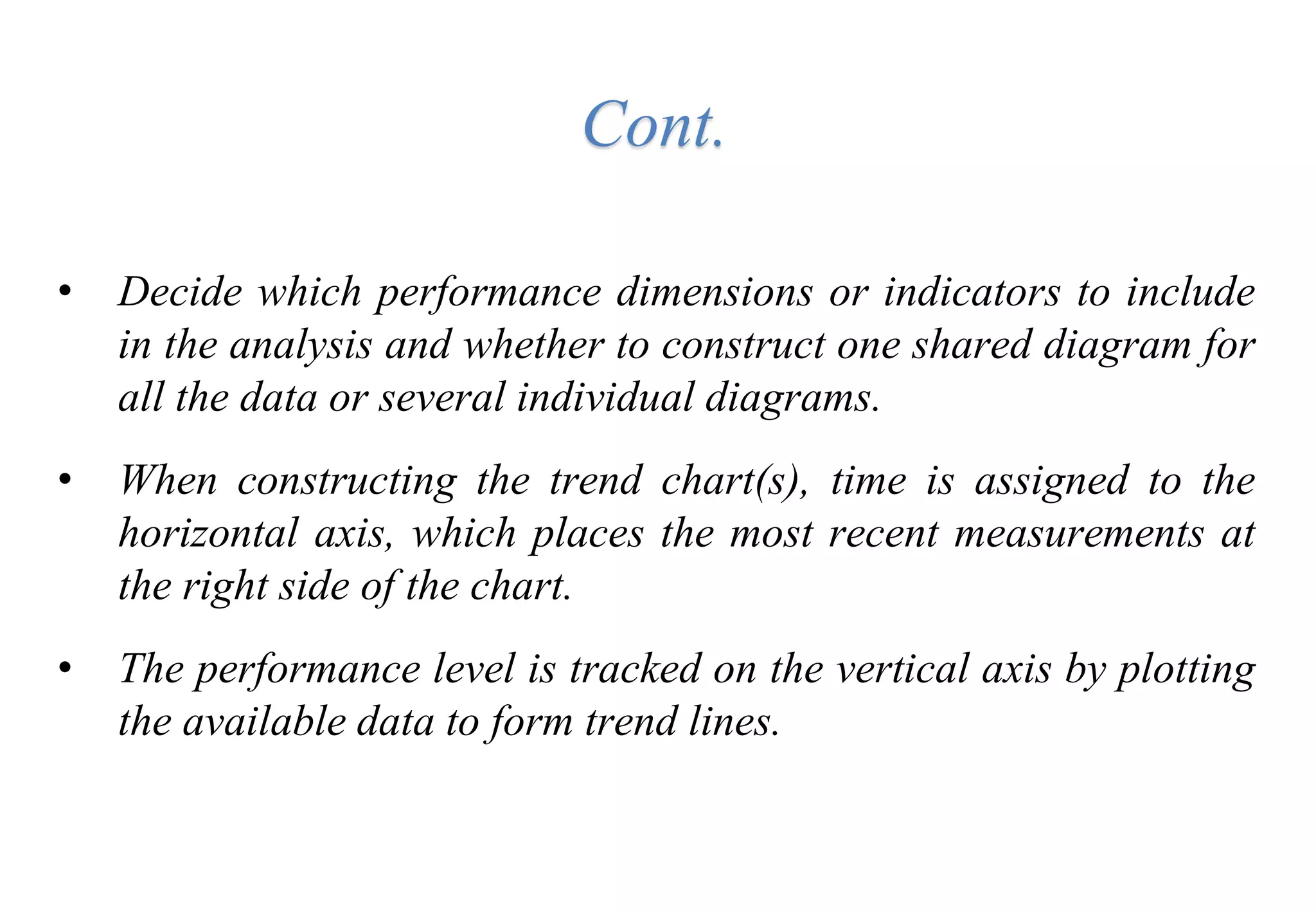 • Decide which performance dimensions or indicators to include
in the analysis and whether to construct one shared diagram for
all the data or several individual diagrams.
• When constructing the trend chart(s), time is assigned to the
horizontal axis, which places the most recent measurements at
the right side of the chart.
• The performance level is tracked on the vertical axis by plotting
the available data to form trend lines.
Cont.
 