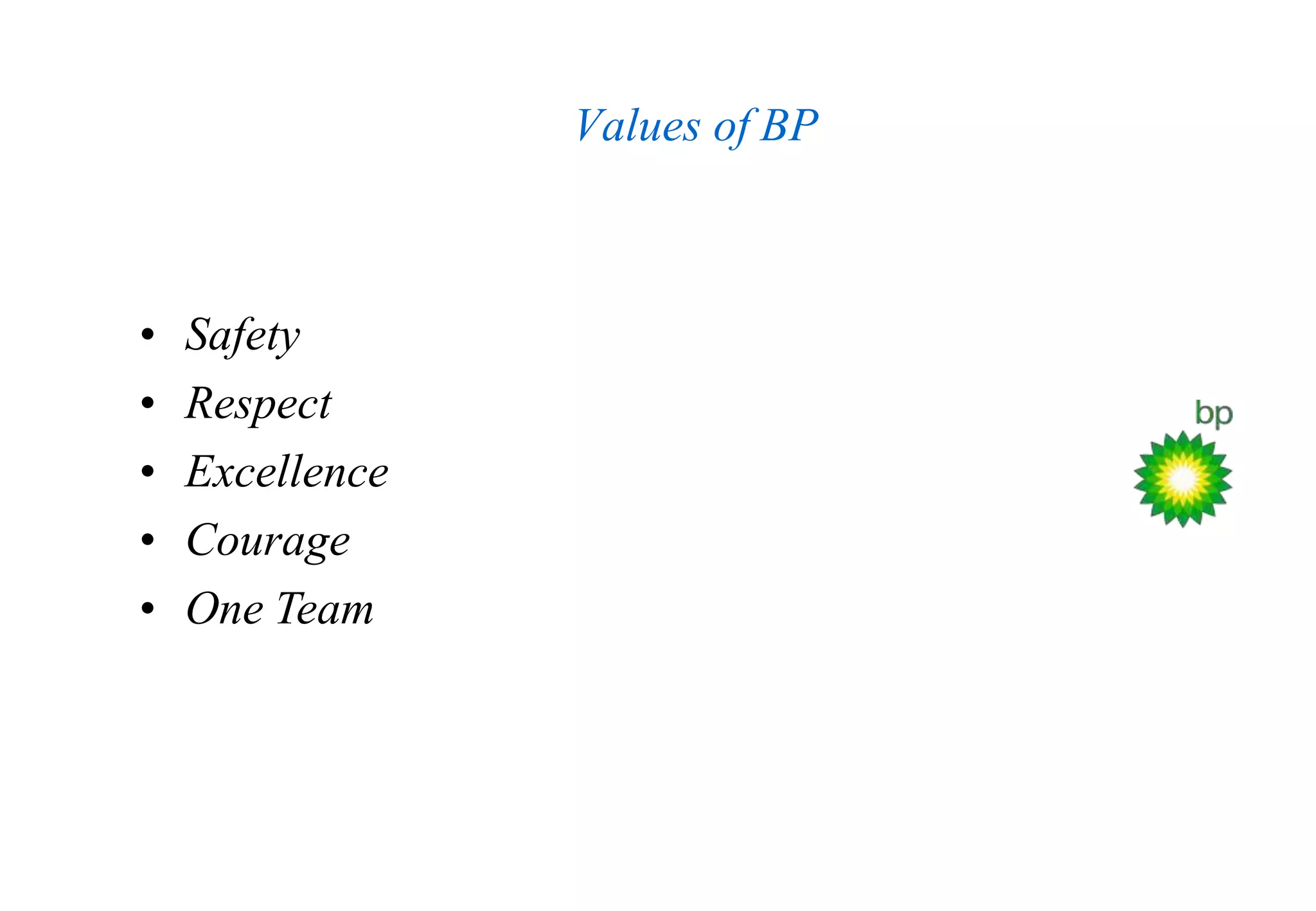 Values of BP
• Safety
• Respect
• Excellence
• Courage
• One Team
 