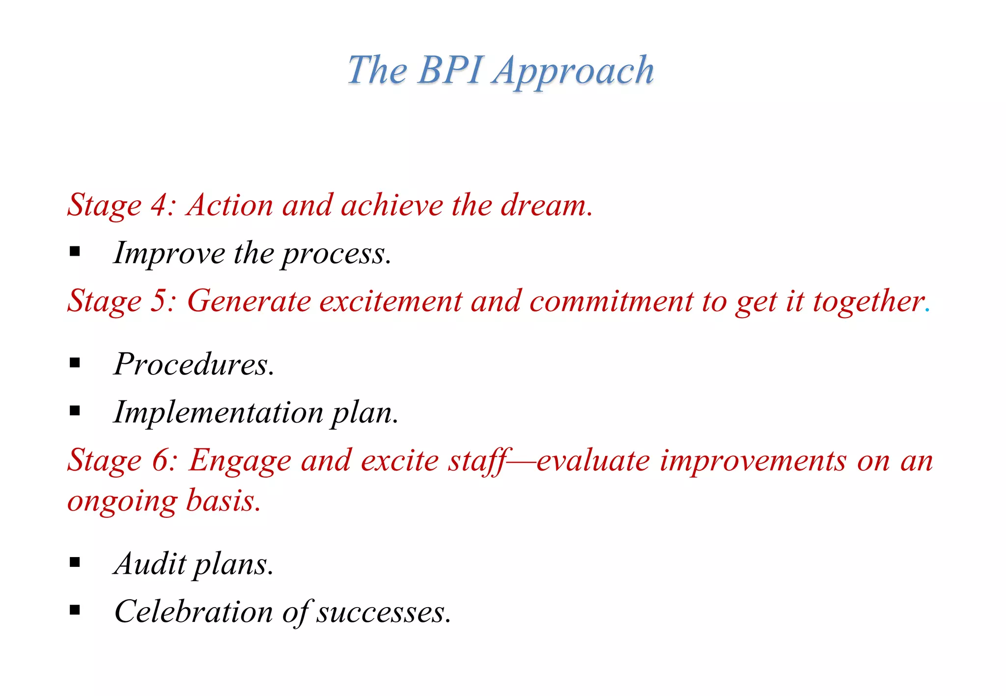 The BPI Approach
Stage 4: Action and achieve the dream.
 Improve the process.
Stage 5: Generate excitement and commitment to get it together.
 Procedures.
 Implementation plan.
Stage 6: Engage and excite staff—evaluate improvements on an
ongoing basis.
 Audit plans.
 Celebration of successes.
 