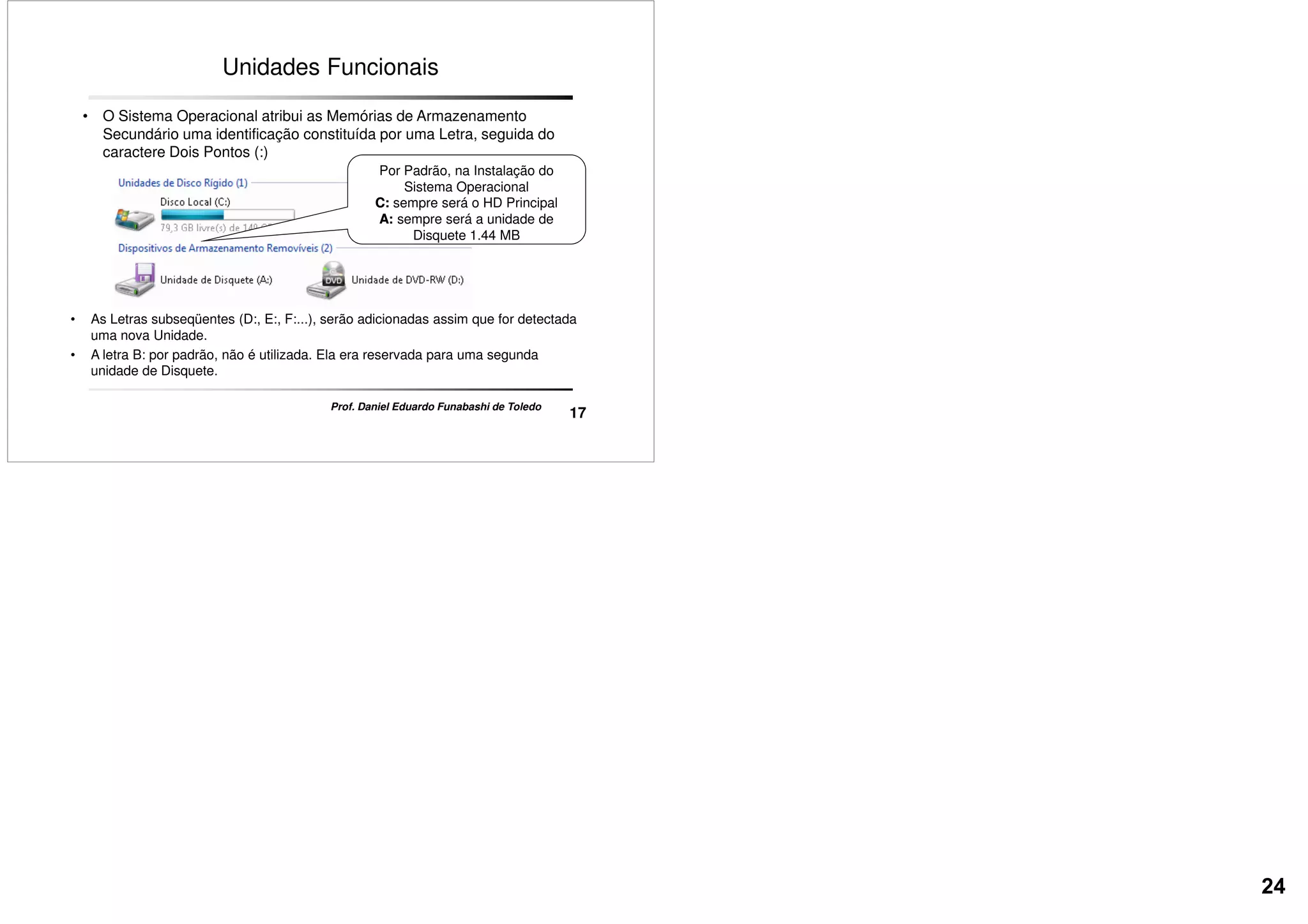 Unidades Funcionais
• O Sistema Operacional atribui as Memórias de Armazenamento
Secundário uma identificação constituída por uma Letra, seguida do
caractere Dois Pontos (:)
Por Padrão, na Instalação do
Sistema Operacional
C:C: sempre será o HD Principal
A:A: sempre será a unidade de
Disquete 1.44 MB
17
Prof. Daniel Eduardo Funabashi de Toledo
Disquete 1.44 MB
• As Letras subseqüentes (D:, E:, F:...), serão adicionadas assim que for detectada
uma nova Unidade.
• A letra B: por padrão, não é utilizada. Ela era reservada para uma segunda
unidade de Disquete.
24
 