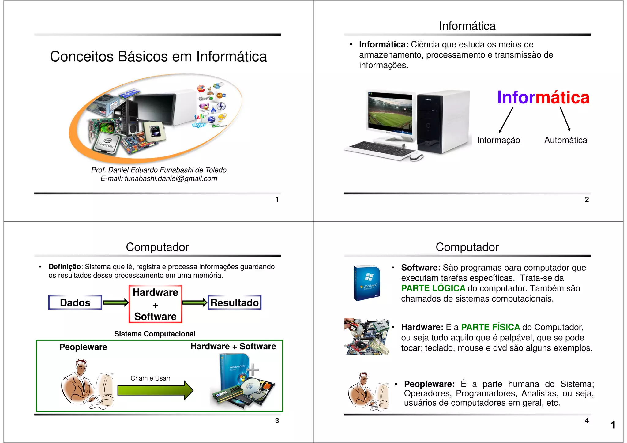 Conceitos Básicos em Informática
1
Prof. Daniel Eduardo Funabashi de Toledo
E-mail: funabashi.daniel@gmail.com
Informática
• Informática: Ciência que estuda os meios de
armazenamento, processamento e transmissão de
informações.
Informática
2
Informação Automática
Computador
• Definição: Sistema que lê, registra e processa informações guardando
os resultados desse processamento em uma memória.
Sistema Computacional
Dados Resultado
Hardware
+
Software
3
Peopleware Hardware + Software
Criam e Usam
Sistema Computacional
• Hardware: É a PARTE FÍSICA do Computador,
Computador
• Software: São programas para computador que
executam tarefas específicas. Trata-se da
PARTE LÓGICA do computador. Também são
chamados de sistemas computacionais.
4
ou seja tudo aquilo que é palpável, que se pode
tocar; teclado, mouse e dvd são alguns exemplos.
• Peopleware: É a parte humana do Sistema;
Operadores, Programadores, Analistas, ou seja,
usuários de computadores em geral, etc.
1
 