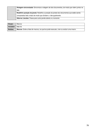 Rolagem sincronizada: Sincroniza a rolagem de dois documentos, de modo que rolem juntos na
tela.
Redefinir posição da janela: Redefine a posição da janela dos documentos que estão sendo
comparados lado a lado de modo que dividam a tela igualmente.
Alternar Janelas: Passa para outra janela aberta no momento.
Grupo: Macros
Iniciador: Não há
Botões: Macros: Exibe a lista de macros, na qual se pode executar, criar ou excluir uma macro.
71
 