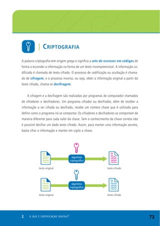 A palavra criptografia tem origem grega e significa a arte de escrever em códigos de
forma a esconder a informação na forma de um texto incompreensível. A informação co-
dificada é chamada de texto cifrado. O processo de codificação ou ocultação é chama-
do de cifragem, e o processo inverso, ou seja, obter a informação original a partir do
texto cifrado, chama-se decifragem.
A cifragem e a decifragem são realizadas por programas de computador chamados
de cifradores e decifradores. Um programa cifrador ou decifrador, além de receber a
informação a ser cifrada ou decifrada, recebe um número chave que é utilizado para
definir como o programa irá se comportar. Os cifradores e decifradores se comportam de
maneira diferente para cada valor da chave. Sem o conhecimento da chave correta não
é possível decifrar um dado texto cifrado. Assim, para manter uma informação secreta,
basta cifrar a informação e manter em sigilo a chave.
2 O QUE É CERTIFICAÇÃO DIGITAL?
| CRIPTOGRAFIA
73
 