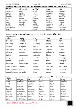 PROFº JOSÉ ANTÔNIO RUZZA ALMS – 2016 LÍNGUA PORTUGUESA
O CURSO PERMANENTE que mais APROVA!
20
Todas as palavras oxítonas com as terminações abaixo são acentuadas.
-á(s)
-ê (é)(s) -ó (ô)(s) -éns -ém
maracujá
vatapá
crachá
ananás
quiçá
lilás
cajá
orixá
detrás
ticopá (peixe)
aliás
balé
revés
através
café
cortês
candomblé
jacarés
dendê
convés
bibelô
avó
dominó
após
paletós
cipó
jilós
carijó
carimbó
xilindró
gigolô
armazéns
parabéns
vinténs
reféns
vaivéns
manténs
conténs
entreténs
reténs
intervéns
nenéns
ninguém
alguém
também
desdém
porém
amém
recém
refém
harém
Itanhaém
convém
Todas as palavras paroxítonas com as terminações abaixo NÃO são
acentuadas.
-a(s)
-e(s) -o(s) -ens -em
bigorna
enigmas
filatelia
necropsia
pletora
tulipa
estigma
primata
poliglota
refrega (peleja)
assecla(partidário)
guedelha(cabelo)
ciclope
controle
exegese
recorde
parede
caracteres
quepes
peles
transeunte
vedete
treze
xavante
avaro
policromo
pudico
misantropo
levedo(subst.)
meteorito
impudico
austero
libido
decano
estalidos
zinco
hifens
polens
germens
carmens
abdomens
Edens
liquens
itens
nuvens
colagens
vagens
pajens
item
idem
ibidem
nuvem
colagem
ferragem
carruagem
ferrugem
vagem
lambujem
penugem
rabugem
Todas as palavras oxítonas com as terminações abaixo NÃO são acentuadas
-ã(s)
-ão(s) -r -u (s) -l -i(s)
tarzã
romã
sutiã
Butantã
tucumã
talismãs
afã (ânsia)
poncã
hortelãos
imensidão
artesãos
atribuição
superstição
coalizão
compreensão
multiplicação
transistor
condor
terror
recompor
masseter
adivinhar
elixir
apaziguar
obus
urubus
caracu
Bauru
bambu
Pacaembu
embu
angu
sutil
barril
funil
terçol
nobel
pastel
bordel
novel
cambuci
sacis
bisturi
colibris
guarani
frenesi
caqui (fruta)
sucuri
 