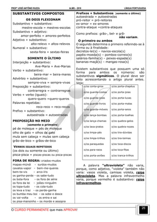 PROFº JOSÉ ANTÔNIO RUZZA ALMS – 2016 LÍNGUA PORTUGUESA
O CURSO PERMANENTE que mais APROVA!
26
SUBSTANTIVOS COMPOSTOS
OS DOIS FLEXIONAM
Substantivo + substantivo:
mestre-escola = mestres-escolas
Substantivo + adjetivo:
amor-perfeito = amores-perfeitos
Adjetivo + substantivo:
alto-relevo = altos-relevos
Numeral + substantivo:
sexta-feira = sextas-feiras
SOMENTE O ÚLTIMO
Interjeição + substantivo:
Ave-Maria = Ave-Marias
Verbo + substantivo:
beira-mar = beira-mares
Advérbio + substantivo:
sempre-viva = sempre-vivas
Preposição + substantivo:
contrarregra = contrarregras
Verbo + verbo (iguais):
quero-quero =quero-queros
Palavras repetidas:
reco-reco = reco-recos
Prefixo + substantivo:
autoestrada = autoestradas
PREPOSIÇÃO NO MEIO
(somente o primeiro)
pé de moleque = pés de moleque
olho de gato = olhos de gato
mula sem cabeça = mulas sem cabeça
grão-de-bico = grãos-de-bico
VERBOS IGUAIS REPETIDOS
(os dois ou somente ou último)
pisca-pisca = piscas-piscas ou pisca-piscas
FORA DE REGRA: criados-mudos
mapas-múndi - surdos-mudos
cavalos-vapor - bem-me-queres
bem-te-vis - arco-íris
os ganha-perde - os sabe-tudo
os bota-fora - os fora de série
os fora da lei - joões-ninguém
os topa-tudo - os cola-tudo
os leva e traz - os perde-ganha
os bumba meu boi - os sobe e desce
os vai-volta - os entra e sai
os pisa-mansinho – os morde e assopra
Prefixos + Substantivos (somente o último)
autoestrada = autoestradas
pró-reitor = pró-reitores
ex-amor = ex-amores
contra-ataque =contra-ataques
Como prefixos: grão-, bel- e grã-
não variam.
O primeiro ou ambos
O segundo determina o primeiro referindo-se à
forma ou à finalidade:
decretos-lei(s) – navios-escola(s)
papéis-moeda(s) – pombos-correio(s)
salários-família(s) – peixes-espada(s)
bananas-maçã(s) – mangas-rosa(s)
Existem substantivos que possuem uma só
forma para ambos os números: são
substantivos sigmáticos. O plural deve ser
feito acrescentando o artigo plural antes.
Veja:
o/os conta-giros
o/os guarda-costas
o/os guarda-joias
o/os guarda-livros
o/os guarda-móveis
o/os lança-bombas
o/os lança-chamas
o/os lava-pratos
o/os limpa-pés
o/os limpa-trilhos
o/os paraquedas
o/os para-raios
o/os porta-aviões
o/os porta-chapéus
o/os porta-joias
o/os porta-luvas
o/os porta-malas
o/os porta-seios
o/os porta-toalhas
o/os quebra-gelos
o/os quebra-nozes
o/os tira-dúvidas
o/os tira-teimas
o/os toca-discos
o/os toca-fitas
o/os tranca-trilhos
A palavra “ultravioleta” não varia,
porque, como adjetivo, “violeta” também não
varia: vasos violeta, camisas violeta, raios
ultravioleta. Mas a palavra infravermelho
varia, porque vermelho é substantivo: raios
infravermelhos.
 