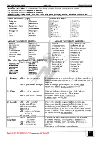 PROFº JOSÉ ANTÔNIO RUZZA ALMS – 2016 LÍNGUA PORTUGUESA
O CURSO PERMANENTE que mais APROVA!
61
REGÊNCIA VERBAL – representa a função de preposições que regenciam os verbos.
Se regenciar verbos = regência verbal;
Se regenciar nomes = regência nominal.
Preposições: à (s), ao(s), de, em, com, por, pelo, pela(s), sobre, perante, durante etc.
Verbos intransitivos – (lugar)
Andar em
Chegar a
Comparecer aem
Dirigir-se a
Entregar em
Ir a
Levar a
Morar em
Proceder de
Residir em
Situar-se em
Viajar para
Vir de
Voltar de
REGÊNCIA NOMINAL
Andança em
Apto a
Chegada a
Confiança em
Crença em
Ida a
Insensível a
Morada em
Necessidade de
Obediência a
Presença de
Residente em
Simpatia por
Sito em
Vinda de
Vontade de
Situado em
Paixão por
VERBOS TRANSITIVOS DIRETOS
ABRAÇAR
COMARTILHAR
CONHECER
CRITICAR
CUMPRIMENTAR
DESFRUTAR
ESQUECER (algo)
ESTIMAR
FAVORECER
LEMBRAR (algo)
NAMORAR
OFENDER
RESPEITAR
SEGUIR
USUFRUIR
VER
VISITAR
São verbos transitivos DIRETOS e INDIRETOS:
(Alguma coisa a alguém)
ACONSELHAR
AGRADECER
AUTORIZAR
AVISAR
CERTIFICAR
COMUNICAR
ENSINAR
ENVIAR
INCUMBIR
INFORMAR
NOTIFICAR
PAGAR
PERDOAR
PREVENIR
VERBOS TRANSITIVOS INDIRETOS
Aludir a
Antipatizar com
Assustar-se com
Colaborar com
Concordar com
Confiar em
Crer em
Desagradar a
Desobedecer a
Dirigir-se a
Discordar de
Dispor de
Dispor de
ESQUECER-SE DE
LEMBRAR-SE DE
Maravilhar-se com
Necessitar de
Obedecer a
Precisar de
Proceder a
Referir-se a
Simpatizar com
Sonhar com
Suceder a
Torcer por
Tratar de
1- Aspirar VTD = sorver, respirar
VTI = pretender, almejar
É gostoso aspirar o seu perfume. - É bom aspirá-lo.
Há máquinas que aspiram o pó. Há máquinas que o
aspiram.
Esse é o cargo a que aspiro. Eu aspiro a ele.
Quem não aspira a uma vida saudável?
2- Visar VTD = mirar, assinar
VTI = pretender, desejar
Visaram todos os documentos. - Irá visá-los.
O caçador visou a presa. - Ele o visou.
Ninguém visava a um bom futuro.
A esse cargo? Viso a ele.
3- Assistir VTD – VTI = prestar
ajuda, assistência
VTI = presenciar,
assistir a
VTI = caber, pertencer –
exige a
VI = morar, residir
O governo assiste as populações. Assiste-as.
O governo assiste às populações. Assiste a elas.
Assisti a uma partida de tênis. Assisti a ela.
Assisti ao filme do seriado e também à peça teatral.
Caber o direito: É um direito que lhe assiste, amigo!
D. Pedro assistia em Petrópolis.
4-
Implicar
VTD = embaraçar ,
acarretar
VTI = antipatizar
VTI = envolver-se
A narrativa da vítima implicou você no acidente.
Sua falta implicou consequências desastrosas.
A torcida implicou com o goleiro.- Implicou-se
comigo.
Nunca me impliquei em contrabando.
 