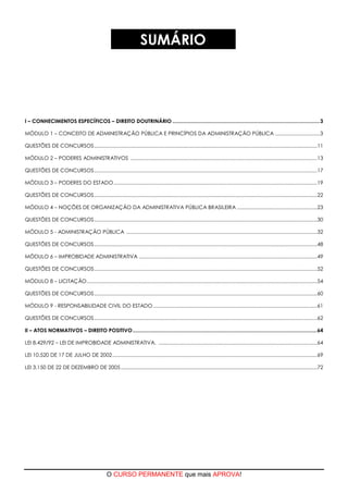 O CURSO PERMANENTE que mais APROVA!
SUMÁRIO
I – CONHECIMENTOS ESPECÍFICOS – DIREITO DOUTRINÁRIO ....................................................................................................3
MÓDULO 1 – CONCEITO DE ADMINISTRAÇÃO PÚBLICA E PRINCÍPIOS DA ADMINISTRAÇÃO PÚBLICA ................................3
QUESTÕES DE CONCURSOS...............................................................................................................................................................11
MÓDULO 2 – PODERES ADMINISTRATIVOS .....................................................................................................................................13
QUESTÕES DE CONCURSOS...............................................................................................................................................................17
MÓDULO 3 – PODERES DO ESTADO.................................................................................................................................................19
QUESTÕES DE CONCURSOS...............................................................................................................................................................22
MÓDULO 4 – NOÇÕES DE ORGANIZAÇÃO DA ADMINISTRATIVA PÚBLICA BRASILEIRA .........................................................23
QUESTÕES DE CONCURSOS...............................................................................................................................................................30
MÓDULO 5 - ADMINISTRAÇÃO PÚBLICA ........................................................................................................................................32
QUESTÕES DE CONCURSOS...............................................................................................................................................................48
MÓDULO 6 – IMPROBIDADE ADMINISTRATIVA ...............................................................................................................................49
QUESTÕES DE CONCURSOS...............................................................................................................................................................52
MÓDULO 8 – LICITAÇÃO....................................................................................................................................................................54
QUESTÕES DE CONCURSOS...............................................................................................................................................................60
MÓDULO 9 - RESPONSABILIDADE CIVIL DO ESTADO.....................................................................................................................61
QUESTÕES DE CONCURSOS...............................................................................................................................................................62
II – ATOS NORMATIVOS – DIREITO POSITIVO.............................................................................................................................64
LEI 8.429/92 – LEI DE IMPROBIDADE ADMINISTRATIVA. .................................................................................................................64
LEI 10.520 DE 17 DE JULHO DE 2002..................................................................................................................................................69
LEI 3.150 DE 22 DE DEZEMBRO DE 2005............................................................................................................................................72
 
