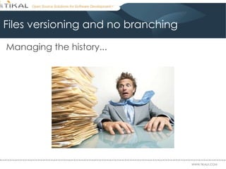 Files versioning and no branching Managing the history... 