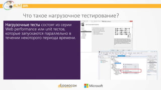 Что такое нагрузочное тестирование?
Нагрузочные тесты состоят из серии
Web performance или unit тестов,
которые запускаются параллельно в
течении некоторого периода времени.
 