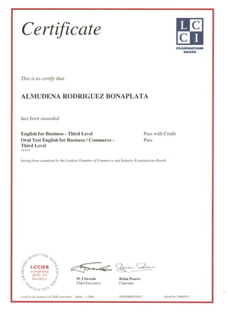 London Chamber of Commerce and Industry - English for business - third level - 2000 certificate
