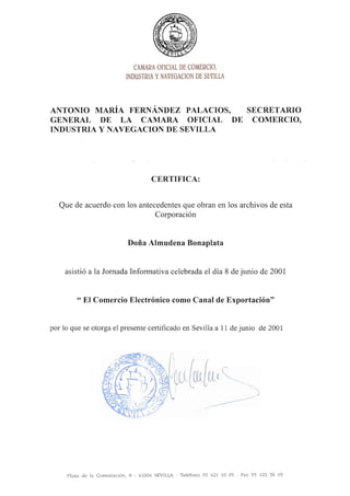 Cámara de Comercio - Seminario comercio electrónico como canal de exportación - 2001 certificado