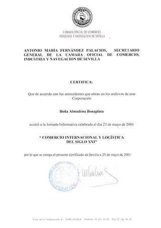Cámara de Comercio - Seminario comercio internacional y logística s. xxi - 2001 certificado