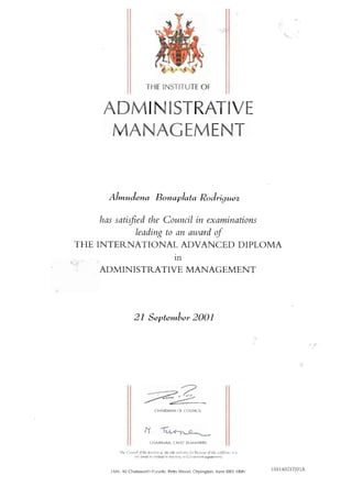 Institute of Administrative Management IAM - International Advanced Diploma in Administrative Management - 2001 