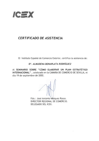 ICEX - Seminario plan estratégico internacional - 2002 certificado