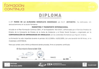 Confederación de Empresarios - Curso marketing y transporte internacional - 2009 certificado