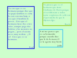 Yo creo que es su hermano porque dice que su papá también se corta la cara con una hoja, o sea que él también lo pasea.  Creo que el hermano tiene dos o tres años, aunque paga dos boletos y los menores no pagan… pero el cuento no es muy realista.  ¿O sí?  Creo que es su hermano. Paul Yo pienso que es el hermano que tiene Síndrome de Dawn porque al ser diferente a todos tenía vergüenza de salir con él por miedo de que le dijeran algo. Rocío A mí me parece que es su hermanito porque cuando dice que le da la mano él se la agarra muy fuerte Julín 