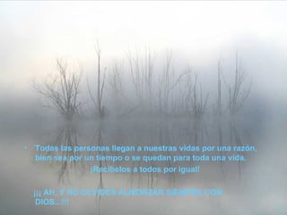 Todas las personas llegan a nuestras vidas por una razón, bien sea por un tiempo o se quedan para toda una vida.  ¡Recíbelos a todos por igual!  ¡¡¡ AH, Y NO OLVIDES ALMORZAR SIEMPRE CON DIOS...!!! 