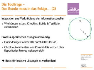 ALM und dezentrales SCM –
Die Quadratur des Kreises?
© Zühlke 2010
28. Oktober 2010
Dr. Klaus Alfert
Torben Knerr
Folie 26
Die Toolfrage –
Das Runde muss in das Eckige… (2)
Integration und Verknüpfung der Informationsquellen
• Wie hängen Issues, Checkins, Builds & Testläufe
zusammen?
Prozess-spezifische Lösungen notwendig
• Eineindeutige Commit-IDs durch GUID (SHA1)
• Checkin-Kommentare und Commit-IDs werden über
Repositories hinweg weitergereicht
 Basis für kreative Lösungen ist vorhanden!
 