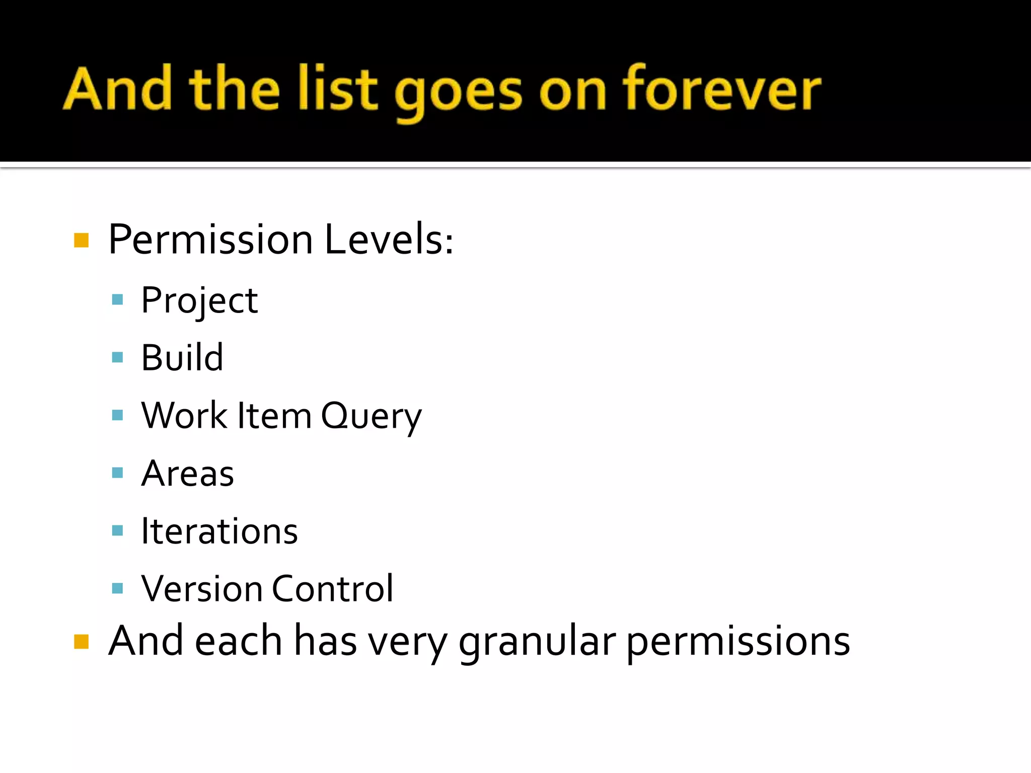    Permission Levels:
     Project
     Build
     Work Item Query
     Areas
     Iterations
     Version Control
   And each has very granular permissions
 