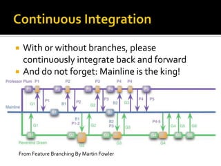    With or without branches, please
    continuously integrate back and forward
   And do not forget: Mainline is the king!




From Feature Branching By Martin Fowler
 