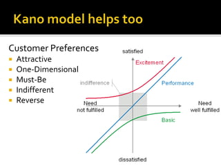Customer Preferences
   Attractive
   One-Dimensional
   Must-Be
   Indifferent
   Reverse
 