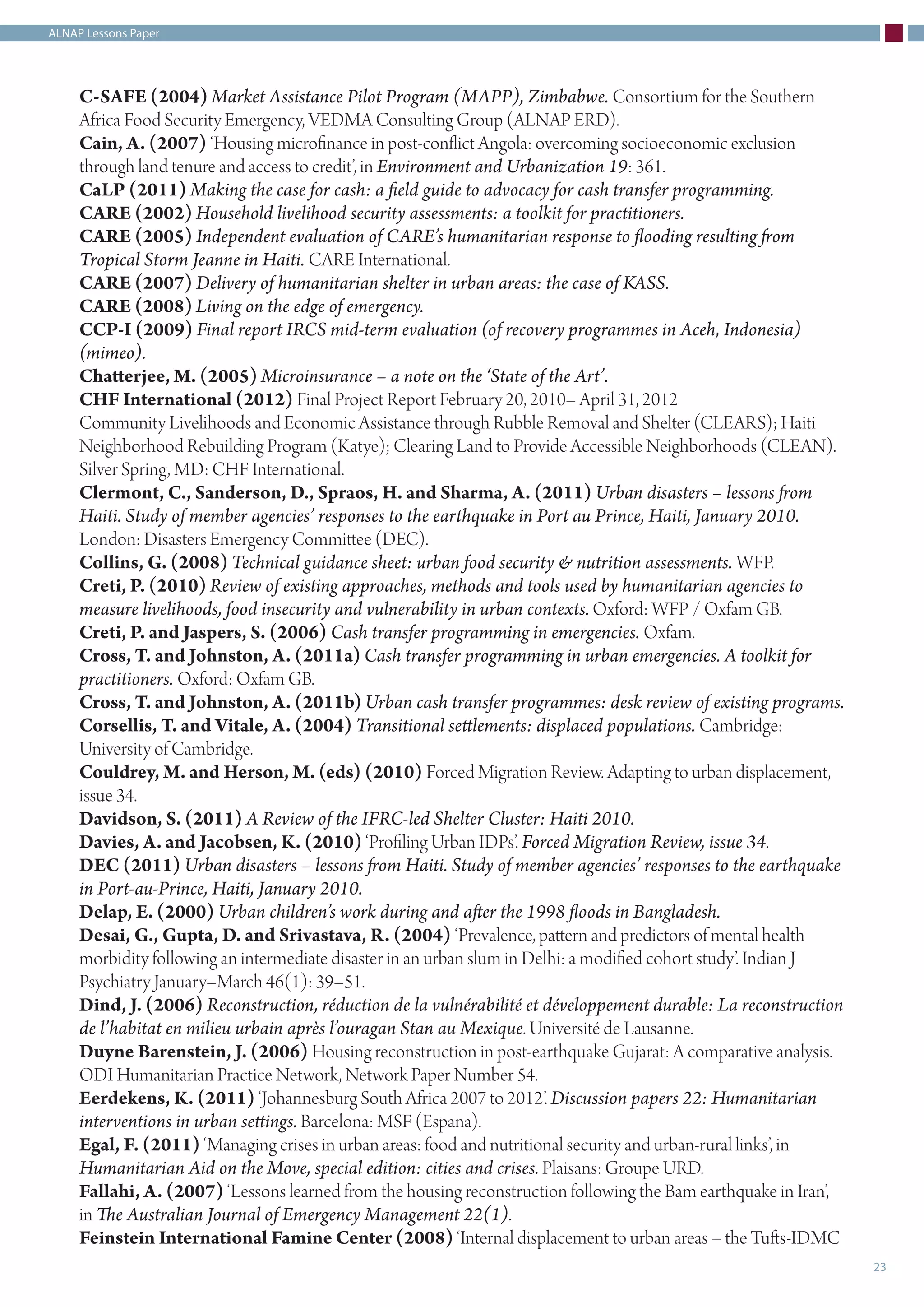 ALNAP Lessons Paper
23
C-SAFE (2004) Market Assistance Pilot Program (MAPP), Zimbabwe. Consortium for the Southern
Africa Food Security Emergency, VEDMA Consulting Group (ALNAP ERD).
Cain, A. (2007) ‘Housing microfinance in post-conflict Angola: overcoming socioeconomic exclusion
through land tenure and access to credit’, in Environment and Urbanization 19: 361.
CaLP (2011) Making the case for cash: a field guide to advocacy for cash transfer programming.
CARE (2002) Household livelihood security assessments: a toolkit for practitioners.
CARE (2005) Independent evaluation of CARE’s humanitarian response to flooding resulting from
Tropical Storm Jeanne in Haiti. CARE International.
CARE (2007) Delivery of humanitarian shelter in urban areas: the case of KASS.
CARE (2008) Living on the edge of emergency.
CCP-I (2009) Final report IRCS mid-term evaluation (of recovery programmes in Aceh, Indonesia)
(mimeo).
Chatterjee, M. (2005) Microinsurance – a note on the ‘State of the Art’.
CHF International (2012) Final Project Report February 20, 2010– April 31, 2012
Community Livelihoods and Economic Assistance through Rubble Removal and Shelter (CLEARS); Haiti
Neighborhood Rebuilding Program (Katye); Clearing Land to Provide Accessible Neighborhoods (CLEAN).
Silver Spring, MD: CHF International.
Clermont, C., Sanderson, D., Spraos, H. and Sharma, A. (2011) Urban disasters – lessons from
Haiti. Study of member agencies’ responses to the earthquake in Port au Prince, Haiti, January 2010.
London: Disasters Emergency Committee (DEC).
Collins, G. (2008) Technical guidance sheet: urban food security & nutrition assessments. WFP.
Creti, P. (2010) Review of existing approaches, methods and tools used by humanitarian agencies to
measure livelihoods, food insecurity and vulnerability in urban contexts. Oxford: WFP / Oxfam GB.
Creti, P. and Jaspers, S. (2006) Cash transfer programming in emergencies. Oxfam.
Cross, T. and Johnston, A. (2011a) Cash transfer programming in urban emergencies. A toolkit for
practitioners. Oxford: Oxfam GB.
Cross, T. and Johnston, A. (2011b) Urban cash transfer programmes: desk review of existing programs.
Corsellis, T. and Vitale, A. (2004) Transitional settlements: displaced populations. Cambridge:
University of Cambridge.
Couldrey, M. and Herson, M. (eds) (2010) Forced Migration Review. Adapting to urban displacement,
issue 34.
Davidson, S. (2011) A Review of the IFRC-led Shelter Cluster: Haiti 2010.
Davies, A. and Jacobsen, K. (2010) ‘Profiling Urban IDPs’. Forced Migration Review, issue 34.
DEC (2011) Urban disasters – lessons from Haiti. Study of member agencies’ responses to the earthquake
in Port-au-Prince, Haiti, January 2010.
Delap, E. (2000) Urban children’s work during and after the 1998 floods in Bangladesh.
Desai, G., Gupta, D. and Srivastava, R. (2004) ‘Prevalence, pattern and predictors of mental health
morbidity following an intermediate disaster in an urban slum in Delhi: a modified cohort study’. Indian J
Psychiatry January–March 46(1): 39–51.
Dind, J. (2006) Reconstruction, réduction de la vulnérabilité et développement durable: La reconstruction
de l’habitat en milieu urbain après l’ouragan Stan au Mexique. Université de Lausanne.
Duyne Barenstein, J. (2006) Housing reconstruction in post-earthquake Gujarat: A comparative analysis.
ODI Humanitarian Practice Network, Network Paper Number 54.
Eerdekens, K. (2011) ‘Johannesburg South Africa 2007 to 2012’. Discussion papers 22: Humanitarian
interventions in urban settings. Barcelona: MSF (Espana).
Egal, F. (2011) ‘Managing crises in urban areas: food and nutritional security and urban-rural links’, in
Humanitarian Aid on the Move, special edition: cities and crises. Plaisans: Groupe URD.
Fallahi, A. (2007) ‘Lessons learned from the housing reconstruction following the Bam earthquake in Iran’,
in The Australian Journal of Emergency Management 22(1).
Feinstein International Famine Center (2008) ‘Internal displacement to urban areas – the Tufts-IDMC
 