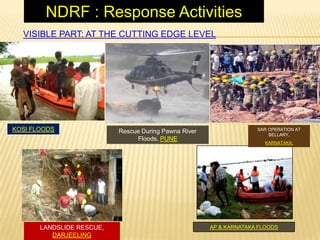 VISIBLE PART: AT THE CUTTING EDGE LEVEL
KOSI FLOODS
LANDSLIDE RESCUE,
DARJEELING
AP & KARNATAKA FLOODS
SAR OPERATION AT
BELLARY,
KARNATAKA,
Rescue During Pawna River
Floods, PUNE
NDRF : Response Activities
 