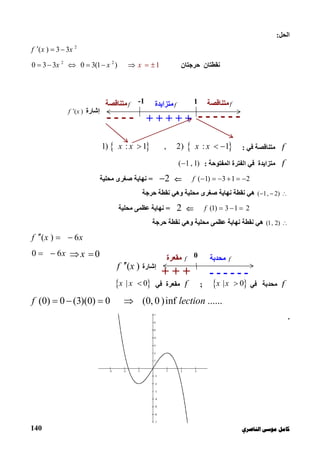 ‫ﻛﺎ‬‫ﺍﻟﻨﺎﺻﺮﻱ‬ ‫ﻣﻮﺳﻰ‬ ‫ﻣﻞ‬140
‫اﻟﺤﻞ‬:
2
( ) 3 3f x x  
‫ﺣﺮﺟﺘﺎن‬ ‫ﻧﻘﻄﺘﺎن‬2 2
0 3 3 0 3(1 1)x x x      
f‫ﻣﺘﻨﺎﻗﺼﺔ‬‫ﻓﻲ‬:   1) : 1 , : 1x x x x     
f‫ﻣﺘﺰاﯾﺪ‬‫ة‬‫اﻟﻤﻔﺘﻮﺣﺔ‬ ‫اﻟﻔﺘﺮة‬ ‫ﻓﻲ‬:( 1 , 1)
( 1) 3 1 2f      2=‫ﻣﺤﻠ‬ ‫ﺻﻐﺮى‬ ‫ﻧﮭﺎﯾﺔ‬‫ﯿ‬‫ﺔ‬
( 1, 2)  ‫ﻧﻘ‬ ‫وھﻲ‬ ‫ﻣﺤﻠﯿﺔ‬ ‫ﺻﻐﺮى‬ ‫ﻧﮭﺎﯾﺔ‬ ‫ﻧﻘﻄﺔ‬ ‫ھﻲ‬‫ﺣﺮﺟﺔ‬ ‫ﻄﺔ‬
(1) 3 1 2f   2=‫ﻣﺤﻠ‬ ‫ﻋﻈﻤﻰ‬ ‫ﻧﮭﺎﯾﺔ‬‫ﯿ‬‫ﺔ‬
(1, 2) ‫ﺣﺮﺟﺔ‬ ‫ﻧﻘﻄﺔ‬ ‫وھﻲ‬ ‫ﻣﺤﻠﯿﺔ‬ ‫ﻋﻈﻤﻰ‬ ‫ﻧﮭﺎﯾﺔ‬ ‫ﻧﻘﻄﺔ‬ ‫ھﻲ‬
( ) 6f x x  
0x 0 6x 
f‫ﻣﺤﺪﺑﺔ‬‫ﻓﻲ‬ | 0x x ;f‫ﻣﻘﻌﺮة‬‫ﻓﻲ‬ | 0x x 
(0) 0 (3)(0) 0 (0, 0 )inff lection      
.
-1 1
‫إﺷﺎرة‬( )f x
---- ------+ + + + +
f‫ﻣ‬‫ﺘﺰاﯾﺪة‬f‫ﻣﺘﻨﺎﻗﺼﺔ‬ f‫ﻣﺘﻨﺎﻗﺼﺔ‬
0
‫إﺷﺎرة‬( )f x
+ + + ------
f‫ﻣ‬‫ﺤﺪﺑﺔ‬f‫ﻣ‬‫ﻘﻌﺮة‬
 