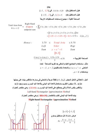 194
‫اﻟﻤﺴﺘﻄﯿﻞ‬ ‫ﻃﻮل‬)3((1.5) 3.25f ‫ﻓﻲ‬]1.51 ,[
‫اﻟﻤﺴﺘﻄﯿﻞ‬ ‫ﻃﻮل‬)4(( ) 52f   ‫ﻓﻲ‬]21.5 ,[
‫اﻟﻜﻠﯿﺔ‬ ‫اﻟﻤﺴﺎﺣﺔ‬=‫اﻻرﺑﻌﺔ‬ ‫اﻟﻤﺴﺘﻄﯿﻼت‬ ‫ﻣﺴﺎﺣﺎت‬ ‫ﻣﺠﻤﻮع‬
2
: 3.75 5.75T otal A ria
Ude
Hence
L eft R igt
S um S um
r
y x
  
  
  

 
  
  0, 2  
‫اﻟﺘﻘﺮﯾﺒﯿﺔ‬ ‫اﻟﻤﺴﺎﺣﺔ‬=
( , ) ( , ) 5.75 3.75
4.75
2 2
U f L f  
  
‫ﻣﺜﺎل‬:‫ﺑﺎﺳﺘﺨﺪا‬‫م‬‫ﺗﺤﺖ‬ ‫ﻟﻠﻤﺴﺎﺣﺔ‬ ‫ﺗﻘﺮﯾﺒﺎ‬ ‫ﺟﺪ‬ ‫واﻟﺴﻔﻠﻰ‬ ‫اﻟﻌﻠﯿﺎ‬ ‫اﻟﻤﺠﺎﻣﯿﻊ‬
‫اﻟﻤﻨﺤﻨﻲ‬2
( ) 1f x x ‫ﺑﺎﻟﻤﺴﺘﻘﯿﻤﯿ‬ ‫واﻟﻤﺤﺪدة‬‫ﻦ‬x = - 1 , x = 2
‫وﺑﺎﺳﺘﺨﺪام‬n = 6.
‫اﻟﺤﻞ‬:‫أن‬ ‫اﻟﻤﺠﺎور‬ ‫اﻟﺸﻜﻞ‬ ‫ﻓﻲ‬ ‫ﻻﺣﻆ‬)0 ,1(‫ﻋﻠﻰ‬ ‫ﺑﯿﻨﻤﺎ‬ ‫ﻣﺘﻨﺎﻗﺺ‬ ‫ﯾﺴﺎرھﺎ‬ ‫ﻓﻲ‬ ‫واﻟﻤﻨﺤﻨﻲ‬ ‫ﺣﺮﺟﺔ‬ ‫ﻧﻘﻄﺔ‬‫ﯾﻤﯿﻨﮭﺎ‬
‫ﻣﺘﺰاﯾﺪ‬.‫ﺗﺰاﯾﺪ‬ ‫وﺟﻮد‬ ‫ﺑﺴﺒﺐ‬ ‫اﻟﯿﺴﺮى‬ ‫اﻟﯿﺪ‬ ‫وﻗﺎﻋﺪة‬ ‫اﻟﯿﻤﻨﻰ‬ ‫اﻟﯿﺪ‬ ‫ﻗﺎﻋﺪة‬ ‫ﺑﺎﺳﺘﻌﻤﺎل‬ ‫اﻟﺘﻘﺮﯾﺐ‬ ‫ﺳﯿﻜﻮن‬ ‫ﻟﺬا‬
‫ﺑـ‬ ‫اﻟﯿﺴﺮى‬ ‫اﻟﯿﺪ‬ ‫ﻗﺎﻋﺪة‬ ‫ﻋﻠﻰ‬ ‫ﯾﺼﻄﻠﺢ‬ ‫واﻟﺘﻲ‬ ‫اﻟﺪاﻟﺔ‬ ‫ﺑﻨﻔﺲ‬ ‫وﺗﻨﺎﻗﺺ‬(LRAM).‫ﻟﻠﻌﺒﺎرة‬ ‫ﻣﺨﺘﺼﺮ‬ ‫وھﻲ‬:
Left-hand Rectangular Approximation Method
‫ﺑﺎﻻﺧﺘﺼﺎر‬ ‫ﺗﻜﺘﺐ‬ ‫اﻟﯿﻤﻨﻰ‬ ‫اﻟﯿﺪ‬ ‫ﻗﺎﻋﺪة‬ ‫ﺑﯿﻨﻤﺎ‬)RRAM(‫ﻟﻠﻌﺒﺎرة‬ ‫ﻣﺨﺘﺼﺮ‬ ‫وھﻲ‬:
Right-hand Rectangular Approximation Method
   , 1, 2a b     
‫ﻋﺮض‬Width‫ﯾﺴﺎوي‬ ‫ﻣﺴﺘﻄﯿﻞ‬ ‫ﻛﻞ‬
2 1 1
6 6 2
b a
x
 
   
 
1 2 3 4
1
1 2 3 4
4
Right Hand
Total Area from
( ) ( ) ( ) ( ) ( )  ( )
0 2
endpoint sum
                                                                      
Upper
   ( ) ( ) ( ) ( )
i
if x x f x x f x x f x x f x x
x
f x f x f x f x x

          
 
    


   451.25 2 0. .75 ,5 L f             
 
