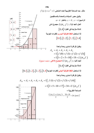 196
 
   
1 2 3 4
4
1 (0) (1) (2) (3)
1 1 2 5 10 18 ,
mA A A A A
f f f f
L f
   
     
      
 
   
1 2 3 4
4
1 (1) (2) (3) (4)
1 2 5 10 17 34 ,
MA A A A A f f f f
U f
         

      
‫ﻣﺜﺎل‬:‫اﻟﻤﻨﺤﻨﻲ‬ ‫ﺗﺤﺖ‬ ‫اﻟﺘﻘﺮﯾﺒﯿﺔ‬ ‫اﻟﻤﺴﺎﺣﺔ‬ ‫ﺟﺪ‬
2
( ) 1f x x 
‫ﺑﺎﻟﻤﺴﺘﻘﯿﻤﯿﻦ‬ ‫واﻟﻤﺤﺪدة‬ ‫اﻟﺴﯿﻨﺎت‬ ‫ﻣﺤﻮر‬ ‫وﻓﻮق‬
‫اﻟﺮأﺳﯿﯿﻦ‬x = 0 , x = 4‫ﺑﺎﻋﺘﺒﺎر‬n= 4
‫اﻟﺤﻞ‬:‫أوﻻ‬ ‫ﻟﻨﺠﺪ‬:4( , )L f  ‫ا‬ ‫ﻣﺠﻤﻮع‬‫دﻧﻰ‬
‫اﻟﻔﺘﺮة‬ ‫ﻓﻲ‬ ‫ﻣﺘﺰاﯾﺪة‬ ‫اﻟﺪاﻟﺔ‬ 0,4
‫ﻧﺴﺘﻌﻤﻞ‬ ‫ﻟﺬا‬‫اﻟﯿﺴﺮى‬ ‫اﻟﻄﺮﻓﯿﺔ‬ ‫اﻟﻨﻘﻂ‬‫اﻟﺠﺰﺋﯿﺔ‬ ‫ﻟﻠﻔﺘﺮات‬
       ,1 , ,2 , ,3 , 3,0 41 2      
‫واﺣﺪة‬ ‫وﺣﺪة‬ ‫ﺗﺴﺎوي‬ ‫ﻓﺘﺮة‬ ‫ﻛﻞ‬ ‫وﻃﻮل‬
‫ﻟﻨﺠﺪ‬‫ﺛﺎﻧﯿﺎ‬:4( , )U f  ‫اﻷﻋﻠﻰ‬ ‫اﻟﻤﺠﻤﻮع‬:Upper sum
‫ا‬ ‫ﻓﻲ‬ ‫ﻣﺘﺰاﯾﺪة‬ ‫اﻟﺪاﻟﺔ‬‫ﻟﻔﺘﺮة‬ 0,4
‫ﻧﺴﺘﻌﻤﻞ‬ ‫ﻟﺬا‬‫اﻟﯿ‬ ‫اﻟﻄﺮﻓﯿﺔ‬ ‫اﻟﻨﻘﻂ‬‫ﻤﻨﻰ‬‫اﻟﺠﺰﺋﯿﺔ‬ ‫ﻟﻠﻔﺘﺮات‬       0, , 1, , 2, , 31 2 ,3 4       
‫واﺣﺪة‬ ‫وﺣﺪة‬ ‫ﺗﺴﺎوي‬ ‫ﻓﺘﺮة‬ ‫ﻛﻞ‬ ‫وﻃﻮل‬
‫اﻟﺘﻘﺮﯾﺒﯿﺔ‬ ‫اﻟﻤﺴﺎﺣﺔ‬=
 
2( , ) ( , ) 34 18
26
2 2
U f L f
unit
  
   
 