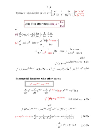 210
ln
log
ln
: a
u
u
a
Logs with other bases
ln l
n ln
n
lnl
        :
lln n
x
x
x a x
x a x x a
a
a xd d d
a e e e a a
dx d
e
x x
a e
a
d
   
    
  
     
Exponential functions with other bases

 
 
 2
2 2
2
5
.
ln 1 1
(log ) *
ln ln
ln
(log ( sin )
ln5
1 1 2 cos
* (2 c
sin
2
sin
os )
ln5 ( ) ln5( s n )
1
i
a
ex
d d u du
u
dx dx a a u dx
d d
x x
dx dx
x x
x x
x x
x x
x x
 
   
 
 
  
 
 

 





3
3 2
( ) x x
f x e  

3 3
3 2 3 2 3 2
( ) (3 2 ) ( 2 3 )x x x x
f x e x x x e   
       
2 3
22 2 5
6 1 2
       
( 2)
1
  :
2 5( 1)
x x
Replace y with function of x y
xx x
x
x x
 
    
  
‫أﻣﺜﻠﺔ‬:
 ‫ﻣﺜﺎل‬1 :       ‫ﺟﺪ اﻟﻤﺸﺘﻘﺔ ﻟﻠﺪاﻟﺔ‬ 
 
 ‫اﻟﺤﻞ‬                                                : 
 
                                                    
 
 
 
 
 ‫ﻣﺜﺎل‬2A :       ‫ﺟﺪ اﻟﻤﺸﺘﻘﺔ ﻟﻠﺪاﻟﺔ‬
sin(2 1)
( )f e 
 
 
 ‫اﻟﺤﻞ‬   :                                        
 sin(2 1) sin(2 1)
( ) sin(2 1) 2cos (2 1)f e e 
          
 
‫ﻣﺜﺎل‬2B            ( 2 2
2 2
1 2 2
( 2 5)
2 5
ln( 2 5)
2 5
dy d x
x x
dx x x
y
dx
x x
x x
  

     
   
  
 
 ‫ﻣﺜﺎل‬2C        ( ( 3 ) 3 ln 3x xd
dx
  
 