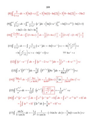 219
       
1 1
00
3
8 3 ln 1 3 ln 1 ln 2 3 0 ln 2 3ln 2
1
dx x
x
                 
         
ln2ln2 ln2
ln2
0 0 0
1
9 ln 2 ln 2 ln 2 1
2 2
4
ln(2 2) ln3 ln
3
x
x x
x x
e
dx e dx e e
e e
           
   
 
         
2 2 2
1 1 1
2 ln 1 1 1 5
10 2 ln 2 ln 2 1 2 0
2 2 2
ee ex
dx x dx x
x x


               
    
     
 
1 1 1
11 ln 1 ln
1 1
ln ln 1 ??? ln
1
x
x x
x x x
x
x x
x
e
dx e dx e c c
e e e
e
c x e c e x
e
 

 
            
   
 
         
 
 
     
2 2 21
12 2 4
2
x x x x x x
e e dx e e dx e e c  
            
        4 4 4
3 2 3 2 3 3 2 31 1
13 5 5 8 5
8 8ln5
x x x
x dx x dx c  
      
     
210log ln 1 1
14 ln ln
ln10 ln10 2ln1
1
0
x x
dx dx x x
x x
x cd
x
 
       
 
  
   
4
4 4
3/
3/ 3/
5 5
1 1
15
12
2
1
1
2
x
x xe
dx e e c
xx
dx
 
   



  
     
 
3 35 5 2 5 3 2 3
2 3 2 42
16 ( 1) ( 1)
1
( 1) (2
8
1)
2
1
x x x x x x x
x
x x
x x
e e e dx e e e dx e e e dx
d cee ex
  
        
    
  

     
sin3 1 1 1
17 3sin3 ln 1 3
1 cos3 3 1 cos3 3
x
dx x dx cos x c
x x
       
  
 