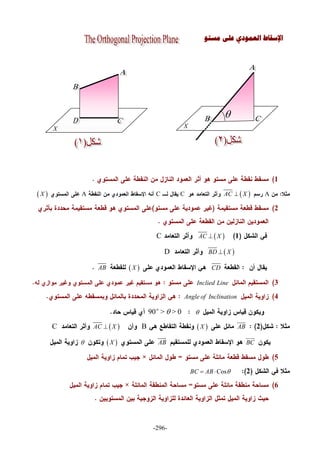 -296-

X
‫ﻣﺴﺘﻮ‬ ‫ﻋﻠﻰ‬ ‫ﺍﻟﻌﻤﻮﺩﻱ‬ ‫ﺍﻹﺳﻘﺎﻁ‬
1
A AC XCCA X
2
1 AC XC
 BD XD
CD XAB
3Inclied Line
4Angle of Inclination
90 > > 0o

2AB

 XB AC XC
BC

AB

 X
5
2CosBC AB  
6
X
 