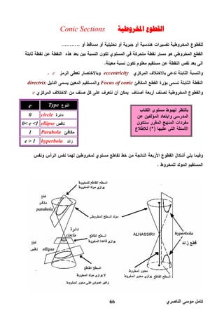 66
‫ﺍﳌﺨﺮﻭﻃﻴﺔ‬ ‫ﺍﻟﻘﻄﻮﻉ‬Conic Sections
eccentricitye
Focus of conicdirectrix
e
e Type
0 circle
0< e <1 ellipse
1 Parabola
e > 1 hyperbola
 