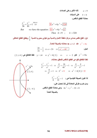 KAMIL MOSA ALNASSIRY94
9a ‫اﻟﺼﺎدات‬ ‫وﻋﻠﻰ‬ ‫اﻷﻛﺒﺮ‬ ‫ﻷﻧﮫ‬
6b ‫اﻟ‬ ‫ﻋﻠﻰ‬‫ﺴﯿﻨﺎت‬
‫اﻟﻨﺎﻗﺺ‬ ‫اﻟﻘﻄﻊ‬ ‫ﻣﻌﺎدﻟﺔ‬:
2 2
2 2
2 2
81 4
9 31 4
36 81
24
: 4
9 ; 324
x y
x y
But we have the equation x yh k
Then h k
  
    
 
 
   
 
 
Q5:‫ﻗﻄﻊ‬‫ﻧﺎﻗﺺ‬‫ﻛﻨﺴﺒﺔ‬ ‫ﻣﺤﻮرﯾﮫ‬ ‫ﻃﻮﻟﻲ‬ ‫ﺑﯿﻦ‬ ‫واﻟﻨﺴﺒﺔ‬ ‫اﻷﺻﻞ‬ ‫ﻧﻘﻄﺔ‬ ‫ﻣﺮﻛﺰه‬ ‫ﺻﺎدي‬
1
2
‫اﻟﻤﻜﺎﻓﺊ‬ ‫اﻟﻘﻄﻊ‬ ‫وﯾﻘﻄﻊ‬
2
8y x‫ﻋﻨﺪ‬x = 2‫اﻟﻌﺎﻣﺔ‬ ‫ﺑﺎﻟﺼﯿﻐﺔ‬ ‫ﻣﻌﺎدﻟﺘﮫ‬ ‫ﺟﺪ‬.
‫اﻟﺤﻞ‬:2 22 1
2
2 2
4
b
a b a
a
b   
2
8y x‫ﻟﻜﻦ‬ 2
y = 4 y = 8 2 2x   ‫ھﻲ‬ ‫اﻟﺘﻘﺎﻃﻊ‬ ‫ﻧﻘﻂ‬ 2, 4
‫ﻣﻌﺎدﻟﺘﮫ‬ ‫ﻓﺘﺤﻘﻖ‬ ‫اﻟﻨﺎﻗﺺ‬ ‫اﻟﻘﻄﻊ‬ ‫ﻋﻰ‬ ‫ﺗﻘﻊ‬ ‫اﻟﺘﻘﺎﻃﻊ‬ ‫ﻧﻘﻂ‬:
 
22
2 2 2 2 2 2
2 2
2
4 16 4 4
1 1 1
4
8
1 = 4 88 = 32
yx
b a b b b b
b a
b
       
    
‫اﻟﻘﯿﺎﺳﯿﺔ‬ ‫اﻟﺼﯿﻐﺔ‬ ‫ﺗﻜﻮن‬ ‫ﻟﺬا‬‫ھﻲ‬:
22
1
8 32
yx
 
‫ﻓﻲ‬ ‫اﻟﻤﻌﺎدﻟﺔ‬ ‫ﻃﺮﻓﻲ‬ ‫ﺿﺮب‬ ‫وﻣﻦ‬32‫ﻋﻠﻰ‬ ‫ﻧﺤﺼﻞ‬:
2 2
4 32 0x y  ‫اﻟﻨﺎﻗﺺ‬ ‫اﻟﻘﻄﻊ‬ ‫ﻣﻌﺎدﻟﺔ‬ ‫وھﻲ‬
‫ﺑﺎﻟﺼﯿﻐ‬‫ﺔ‬‫اﻟﻌﺎﻣﺔ‬
 2 , 4
 2 , 4
2
8y x
 