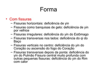 Forma
• Com fissuras
– Fissuras horizontais: deficiência de yin
– Fissuras como banquisas de gelo: deficiência de yin
por velhice
– Fissuras irregulares: deficiência do yin do Estômago
– Fissuras transversas nos lados: deficiência do qi do
Baço
– Fissuras verticais no centro: deficiência do yin do
Coração ou ascensão do fogo do Coração
– Fissuras transversas depois da ponta: deficiência do
yin do Pulmão Fissura central muito profunda com
outras pequenas fissuras: deficiência do yin do Rim
com calor
 