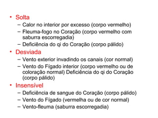 • Solta
– Calor no interior por excesso (corpo vermelho)
– Fleuma-fogo no Coração (corpo vermelho com
saburra escorregadia)
– Deficiência do qi do Coração (corpo pálido)
• Desviada
– Vento exterior invadindo os canais (cor normal)
– Vento do Fígado interior (corpo vermelho ou de
coloração normal) Deficiência do qi do Coração
(corpo pálido)
• Insensível
– Deficiência de sangue do Coração (corpo pálido)
– Vento do Fígado (vermelha ou de cor normal)
– Vento-fleuma (saburra escorregadia)
 