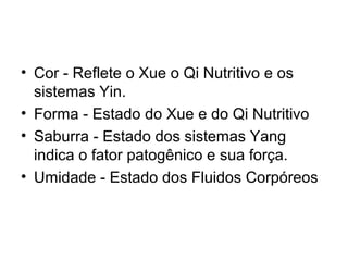 • Cor - Reflete o Xue o Qi Nutritivo e os
sistemas Yin.
• Forma - Estado do Xue e do Qi Nutritivo
• Saburra - Estado dos sistemas Yang
indica o fator patogênico e sua força.
• Umidade - Estado dos Fluidos Corpóreos
 