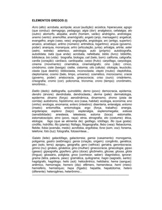 ELEMENTOS GREGOS (I)

Acro (alto): acrobata, acrópole; acusi (audição): acústica, hiperacusia; agogo
(que conduz): demagogo, pedagogo; algia (dor): analgésico, cefalalgia; alo
(outro): alomorfo, alopatia; andro (homem, varão): andrógino, andrologia;
anemo (vento): anemofilia; anemógrafo; angelo (anjo, mensagem): angelical,
evangelho; angio (vaso, veia): angiografia, angiologia; arc (antigo, superior):
arcaico, arcebispo; aritmo (número): aritmética, logaritmo); arquia (governo,
poder): anarquia, monarquia; artro (articulação, junta): artralgia, artrite; aster
(astro, estrela): asterisco, astrologia; auto (próprio): autobiografia,
autodidata; bata (que anda): acrobata, nefelibata; biblio (livro): bibliófilo,
biblioteca; bio (vida): biografia, biologia; cali (belo, bom): califonia, caligrafia;
cardia (coração): cardíaco, cardiopatia; carpo (fruto): carpófago, carpologia;
cinema (movimento): cinemática, cinematógrafo; cino (cão): cínico,
cinódromo; ciste (bexiga): cistite, cistomia; cito (célula): citologia, leucócito;
clasta (que destrói): biblioclasta, inconoclasta; clepto (roubo): cleptofobia,
cleptomania; cosmo (belo, limpo, universo): cosmético, microcosmo; cracia
(governo, poder): aristocracia, ginecocracia; criso (ouro): crisântemo,
crisografia; cromo (cor): policromia, tricromia; crono (tempo): cronômetro,
sincrônico...

Datilo (dedo): datilografia, quirodátilo; demo (povo): democracia, epidemia;
dendro (árvore): dendrobata, dendroclasta,; derma (pele): dermatologia,
epiderme; dinamo (força): aerodinâmica, dinamismo; dromo (pista de
corrida): autódromo, hipódromo; eco (casa, habitat): ecologia, economia; eno
(vinho): enologia, enomania; entero (intestino): disenteria, enteralgia; entomo
(inseto): entomofilia, entomologia; ergo (força, trabalho): energia,
ergoterapia; espleno (baço): esplenalgia, esplenomegalia; estesia
(sensibilidade): anestesia, telestesia; estoma (boca): estomatite,
estomatoscópio; etno (povo, raça): etnia, etnografia; eto (costume): ética,
etologia; fago (que se alimenta de): geófago, ictiófago; filo (que gosta):
cinófilo, hidrófilo; fito (planta): fitófago, fitogeografia; flebo (veia): flebectomia,
flebite; fobia (aversão, medo): acrofobia, ergofobia; fone (som, voz): fonema,
telefone; foto (luz): fotografia, fotossíntese...

Galato (leite): galactófago, galactorreia; gamia (casamento): monogamia,
poligamia; gastro (estômago): genia (criação, origem): congênito, genética;
geo (solo, terra): apogeu, geografia; gero (velhice): geriatra, gerontocracia;
gimno (nu): ginásio, ginástica; gino (mulher): ginecocracia, ginecologia; gipso
(gesso): gipsografia, gipsífero; glico (doce): glicômetro, glicose; glossa, glota
(língua): glossário, poliglota; gnos (conhecer, saber): diagnóstico, ignorar;
grama (letra, palavra, peso): gramática, quilograma; hagio (sagrado, santo):
hagiógrafo, hagiólogo; helio (sol): heliocêntrico, heliólatra; hema (sangue):
anêmico, hemorragia; hemero (dia): efêmero, hemeroteca; hemi (meio):
hemisfério, hemistíquio; hepa (fígado): hepatite, hepatotomia; hetero
(diferente): heterogêneo, heterônimo...
----------------------------------------------------------------------------------------------------
 