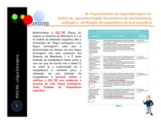 C - Enquadramento da Língua Estrangeira no
                                                   âmbito da operacionalização dos processos de reconhecimento,
                                                    validação e certificação de competências de nível secundário

                               Relativamente à CLC_TIC (Figura 6),
                               apenas os Domínios de Referência 3 e 4,
                               no âmbito da dimensão Linguística, têm a
                               formulação de “língua portuguesa e/ou
                               língua estrangeira”, pelo que a
                               demonstração do domínio de uma língua
                               estrangeira não está associada aos
RVCC-NS – Língua Estrangeira




                               Domínios de Referência 1 e 2 desta
                               Unidade de Competência. Deste modo, e
                               uma vez que, de acordo com a alínea 7)
                               do ponto B, a evidenciação de 2
                               competências é suficiente para a
                               validação de uma Unidade de
                               Competência, é possível validar e
                               certificar a CLC_TIC sem evidenciar o
                               domínio de uma língua estrangeira,
                               nesta     Unidade   de    Competência
                               específica.




  C
 
