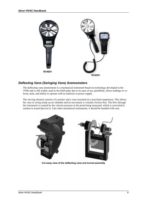 Alnor HVAC Handbook




                        RVA801
                                                                          RVA501


Deflecting Vane (Swinging Vane) Anemometers
   The deflecting vane anemometer is a mechanical instrument based on technology developed in the
   1930s and is still widely used in the field today due to its ease of use, portability, direct readings in ve-
   locity units, and ability to operate with no batteries or power supply.

   The moving element consists of a pointer and a vane mounted on a taut-band suspension. This allows
   the vane to swing inside an air chamber and its movement is virtually friction-free. The flow through
   the instrument is created by the velocity pressure at the point being measured, which is converted to
   readout in actual fpm (m/s). Like other mechanical instruments, it should be handled with care.




                      Cut away view of the deflecting vane and tunnel assembly




Alnor HVAC Handbook                                                                                            9
 