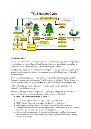 CARBON CYCLE
Carbon is an element found in all organisms. It is a basic building block of all living things it
is essential part of carbohydrates, fats and proteins. Carbon is present in the atmosphere as
carbon dioxide the carbon enters the ecosystem through the producers.
In carbon cycle organisms in both terrestrial and aquatic ecosystem, exchange CO2 from the
air and through photosynthesis they incorporate carbon into food that is used by themselves
and heterotrophs.
When any organism respires a portion of carbon is returned into the atmosphere as CO2.
In aquatic ecosystem, the exchange of CO2 with atmosphere is indirect. Carbon dioxide from
the air combines with water to give carbonic acid, which break down to bicarbonate ions.
(HCO3
–
). Bicarbonate ions are the source of CO2 for algae, which produce food for
themselves and for heterotrophic.
Similarly, when aquatic animals respire, the CO2 they give off becomes bicarbonate. The
amount of bicarbonate in water equilibrates with the amount of CO2 in air.
Carbon cycle can be summarized as follows.
 The producers (green plants and algae) use CO2 to make food.
 Herbivores eat plants and carbon gets into the body of carnivores.
 Both plants and animals respire. The process returns CO2 to the atmosphere.
 When plants and animals die, the decomposers break down dead bodies and carbon is
released to the soil where it is absorbed by plant roots.
 Some organic matter does not decompose easily instead, it build up in the earth’s
crust oil and coal were formed from the building of the plants and animal’s matters
millions of years ago.
 