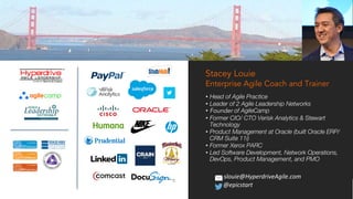 training@HyperdriveAgile.com
www.HyperdriveAgile.com
• Head of Agile Practice
• Leader of 2 Agile Leadership Networks
• Founder of AgileCamp
• Former CIO/ CTO Verisk Analytics & Stewart
Technology
• Product Management at Oracle (built Oracle ERP/
CRM Suite 11i)
• Former Xerox PARC
• Led Software Development, Network Operations,
DevOps, Product Management, and PMO
Stacey Louie
Enterprise Agile Coach and Trainer
slouie@HyperdriveAgile.com
@epicstart
 