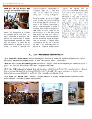 ALO 116 - RAPORT VJETOR 2012

6

CRCA dhe ALO 116 dhurojnë 120
pako për fëmijët në situate të rrugës

Qëndra për Mbrojtjen e të Drejtave
të Fëmijëve (CRCA) dhe ALO 116Linja Kombëtare e Këshillimit për
Fëmijë, me mbështetjen e Bankës
Ndërkombëtare Tregëtare (ICB Bank)
këtë vit dhuroi 120 pako për dy
Qëndrat ditore të fëmijëve në situatë
rruge. Kjo nismë u realizua falë

donacionit që Banka Ndërkombëtare
Tregëtare i bëri CRCA-së dhe ALO
116, për tu ardhur në ndihmë
shtresave më në nevojë të shoqërisë.
Është hera e parë që një numër kaq i
madh fëmijësh ndihmohen nga CRCA
dhe një ndër bankat më serioze në
vend si ICB Albania. Filantropia e
Bankës Ndërkombëtare Tregtare i
erdhi në ndihmë 120 fëmijë që vijnë
nga situata të rënda rruge nga dy
qëndrat ditore në Tiranë të drejtuara
nga ARSIS dhe Save the Children.
Fëmijët u pajisën me xhupa, këpucë,
doreza, atlete dhe veshje të tjera të
reja. Ky aktivitet u zhvillua prane
Shtëpizës Nr. 38, nga ora 10.00 deri
në orën 14.00, pranë pedonales së
qytetit të Tiranës në Rrugën Murat

Toptani. Në aktivitet ishin të
pranishëm stafi i CRCA, ALO 116 dhe
ICB Bank të cilët ekspozuan edhe
stendat
e
tyre
promovuese.
Maskotat e ALO 116 i dhuruan
fëmijëve të pranishëm buzeqeshje
dhe
gëzim.
Në
kuadër
të
përgjegjësisë sociale, duke marrë
shkas edhe nga bashkëpunimi me
Bankën Ndërkombëtare Tregtare,
shpresojmë që ky të jetë vetëm fillimi
i një kulture filantropike nga ana e
bizneseve private në vend, duke
qënë se CRCA uron fëmijët e
Shqipërisë me dhurata cdo fundvit.

ALO 116 në Konferenca Ndërkombëtare
13-14 Shtator 2012-Athinë, Greqi- “Abuzimi dhe neglizhimi i fëmijëve në Ballkan dhe botë gjatë krizës botërore. Fakte të
bazuara tek praktika dhe praktika të bazuara në fakte” (Altin Hazizaj, Drejtor i Përgjithshëm)
18 shtator 2012-Sarajevë, Bosnjë Hercegovinë-“ Përmirësimi i reagimit kundër dhunës ndaj fëmijëve duke kthyer provat në
politika dhe rezultate” (Belioza Çoku, Menaxhere e Përgjithshme ALO 116)
17-19 Tetor 2012-Durban, Afrikë e Jugut- “Linja Ndërkombëtare e Këshillimit për Fëmijë (CHI) mbajti Konsultimin e Gjashtë
Ndërkombëtare të Linjave Ndërkombëtare të Këshillimit për Fëmijë. ALO 116 u pranua anëtarë më të drejta të plota e
Linjave Ndërkombëtare të Këshillimit për Fëmijë” (Altin Hazizaj, Drejtor i Përgjithshëm)
27-28 Nëntor 2012, Ankara, Turqi- “Konferenca Evropiane e Këshillit të Evropës: "Rritja e progresit në luftën e dhunës
kundër fëmijëve"(Altin Hazizaj, Drejtor i Përgjithshëm)

 