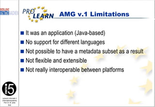 It was an application (Java-based) No support for different languages Not possible to have a metadata subset as a result Not flexible and extensible Not really interoperable between platforms AMG v.1 Limitations 
