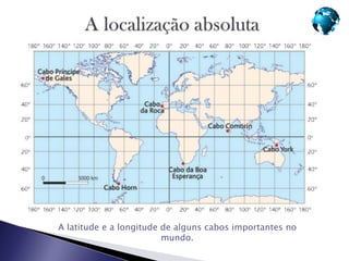 A latitude e a longitude de alguns cabos importantes no
                         mundo.
 