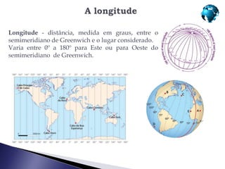 Longitude - distância, medida em graus, entre o
semimeridiano de Greenwich e o lugar considerado.
Varia entre 0º a 180º para Este ou para Oeste do
semimeridiano de Greenwich.
 