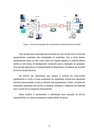 Figura 1 - Aumento da geração não acompanhada da capacidade da transmissão




      Uma solução para superação das correntes de curto-circuito seria a troca dos
equipamentos superados das subestações já existentes, mas a troca desses
equipamentos possui um alto custo e gera um impacto negativo no sistema elétrico
devido ao alto tempo de desligamento necessário para a realização da operação.
Uma solução alternativa é a implementação de Dispositivos Limitadores de Corrente
de Curto-Circuito (DLCCs).

      Os DLCCs são dispositivos que captam a corrente de curto-circuito
rapidamente e a limita a níveis suportáveis da capacidade nominal dos disjuntores
tornando desnecessária a troca do restante dos equipamentos. Porém, a escolha da
localização apropriada dos DLCCs é bastante complexa e trabalhosa se realizada
sem o auxílio de um programa computacional.

      Neste trabalho é apresentada a metodologia para alocação de DLCCs
utilizando AGs, e a mesma é testada no sistema IEEE 30 barras.




                                           14
 